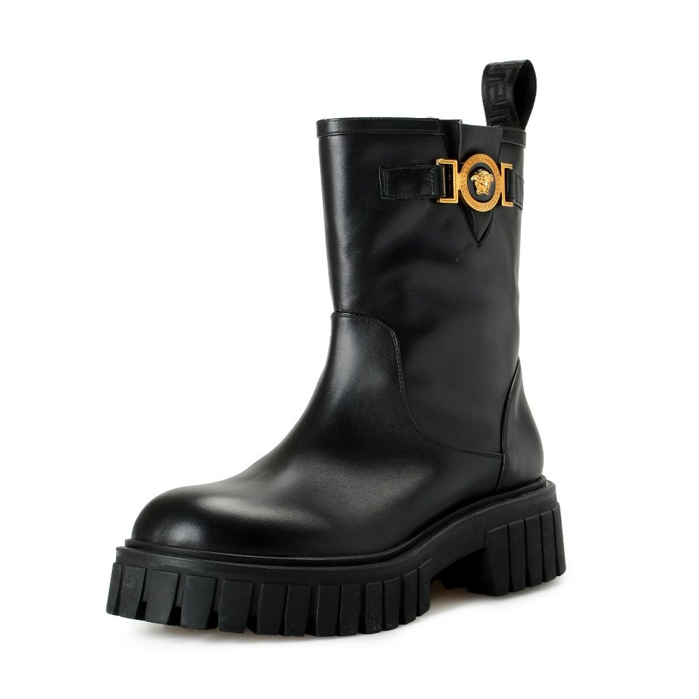 Versace Women's Black Leather Gold Medusa Boots Shoes